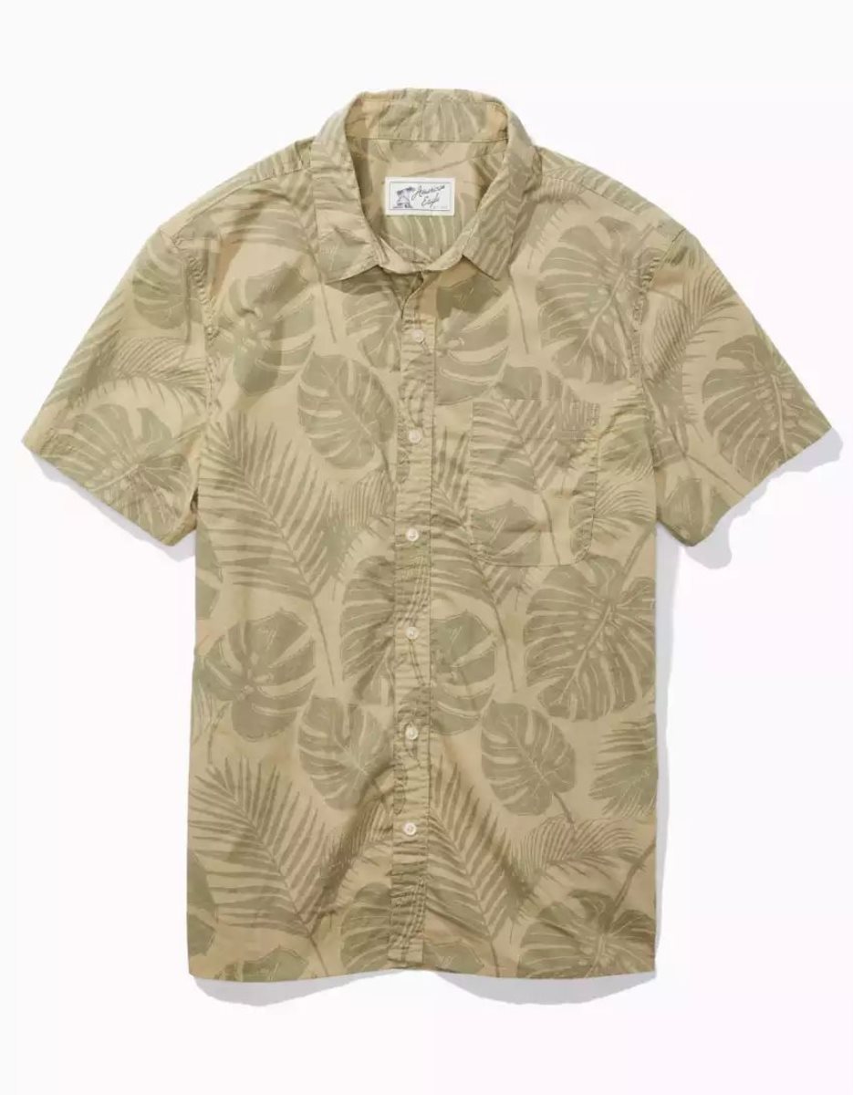 Hauts Flanelle American Eagle AE Tropical Button-Up Resort Shirt Kaki Homme | BDE-83102253